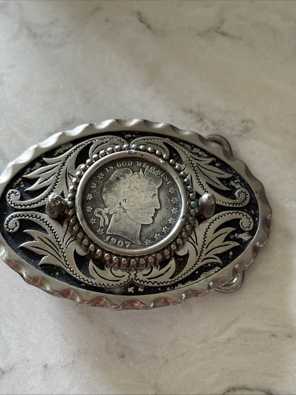 Vintage barber 1907 half dollar silver belt buckle. Western